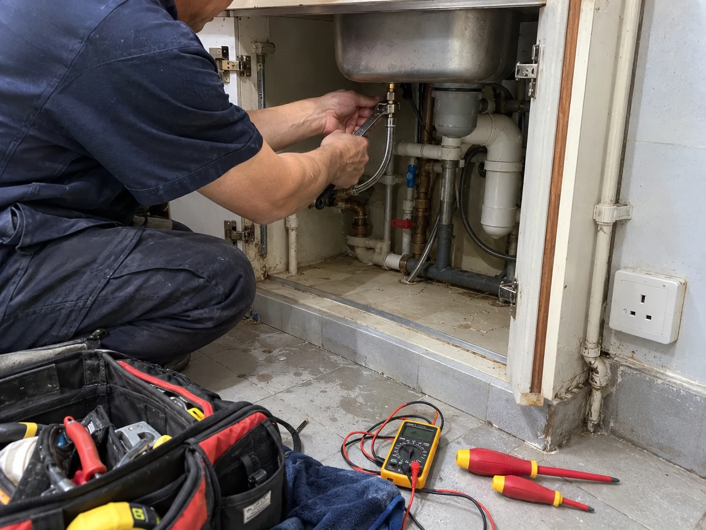 師傅喺鋅盆下檢查及維修水喉，旁邊放有電力檢測工具；圖片為示意